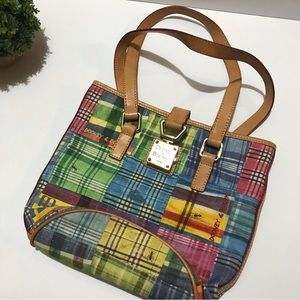 Dooney & Bourke Picnic Ant Colorful Spring Plaid Fabric Leather Satchel Purse